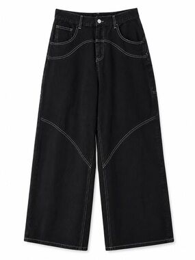 Lulus Black Contrast Stitch Wide Leg Utility Pants Size M Y2K